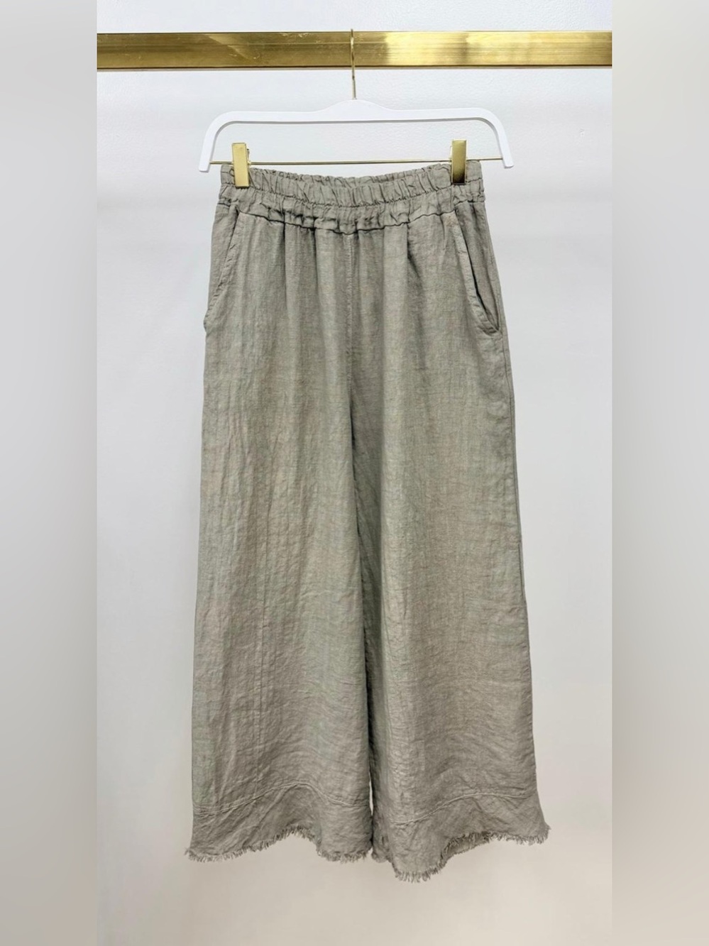 (155073/11586-MOC)  LINEN FRINGED HEM WIDE LEG LOOSE FIT PANT